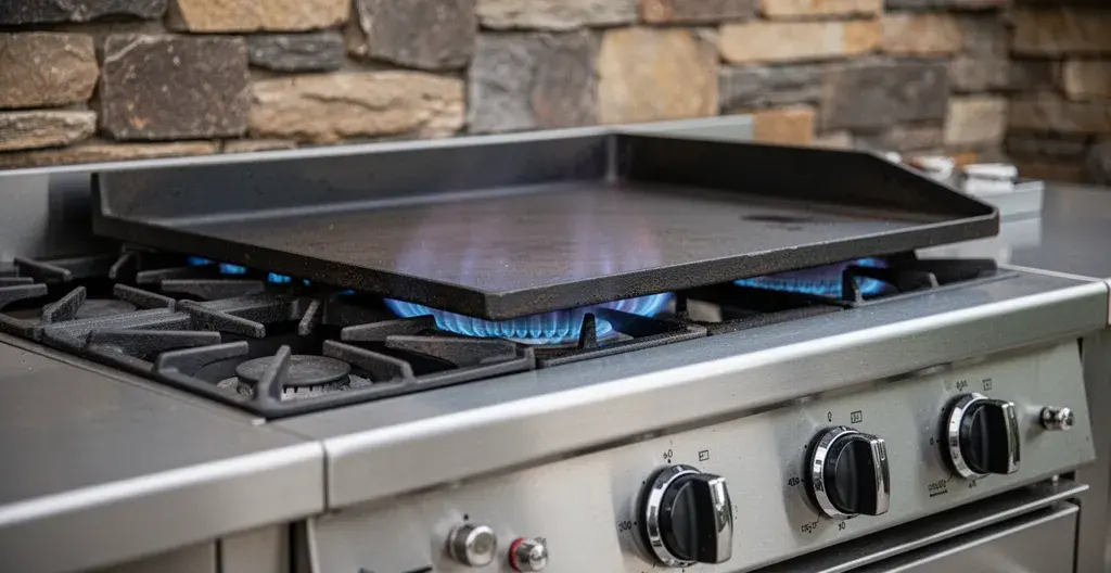 Détail brûleurs gaz plancha professionnelle avec flamme bleue