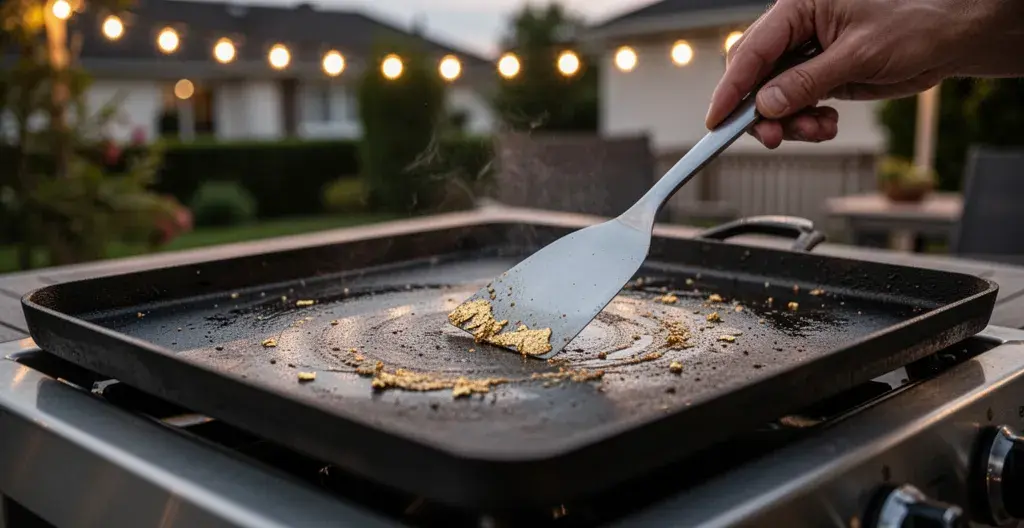Entretien plaque fonte émaillée plancha après cuisson avec spatule