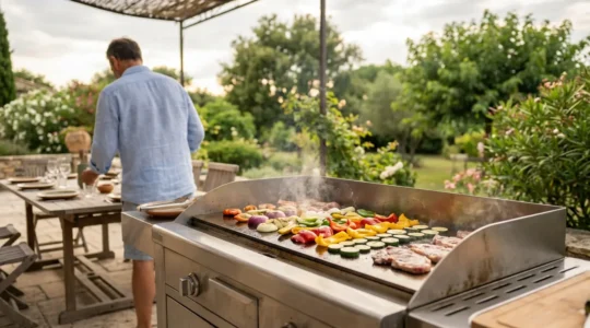 Plancha Forge Adour en action sur terrasse française avec légumes grillés