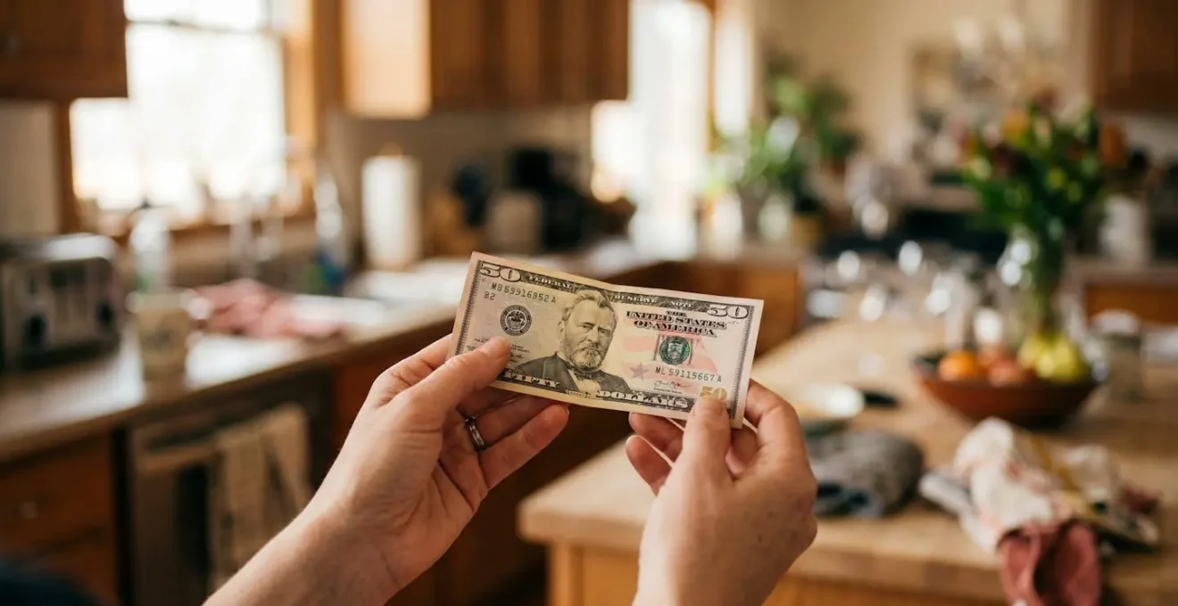 Des mains tiennent une facture d'électricité avec une cuisine floutée en arrière-plan