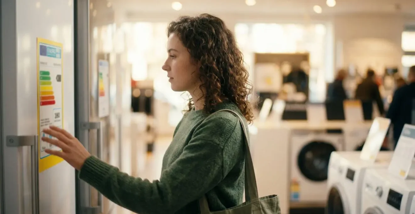 Une personne regarde l'étiquette énergie sur un lave-linge dans un magasin