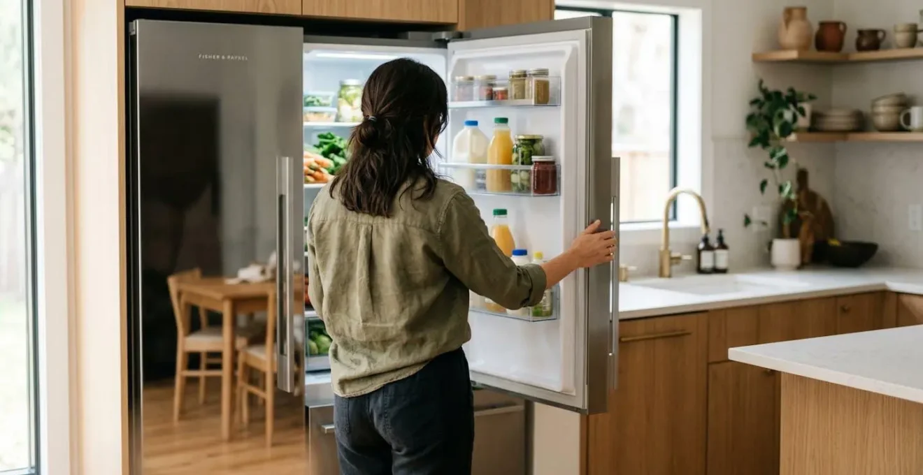 Une personne de dos regarde l'intérieur d'un réfrigérateur ouvert dans une cuisine moderne et lumineuse