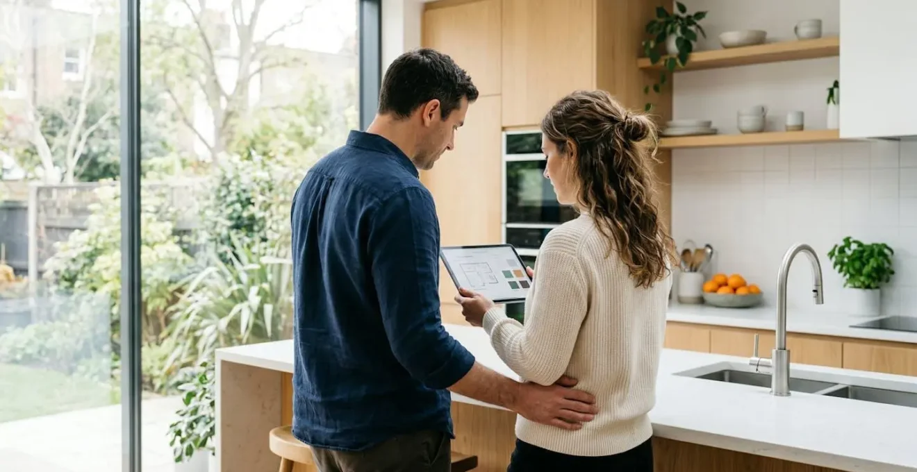 Un couple vu de dos consulte ensemble une tablette dans une cuisine contemporaine lumineuse, ambiance naturelle et décontractée
