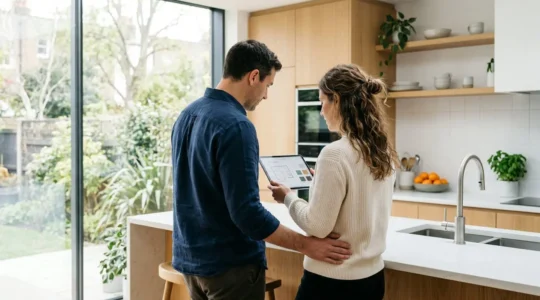 Un couple vu de dos consulte ensemble une tablette dans une cuisine contemporaine lumineuse, ambiance naturelle et décontractée
