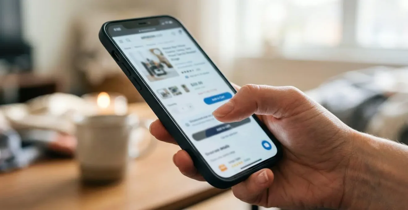 Gros plan main tenant un smartphone affichant une page produit e-commerce, focus sur l'interface avec détails flous en arrière-plan